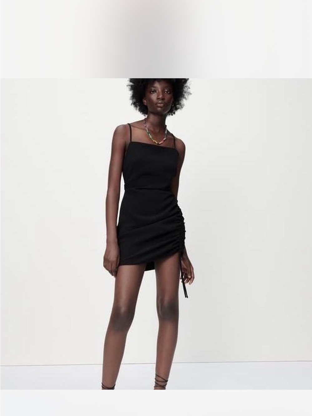 Zara Black Spaghetti-Strap Ruched Mini Dress